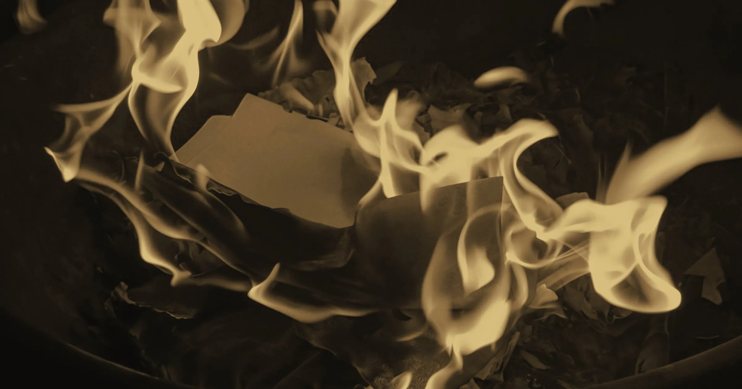 Flames consuming pages of paper