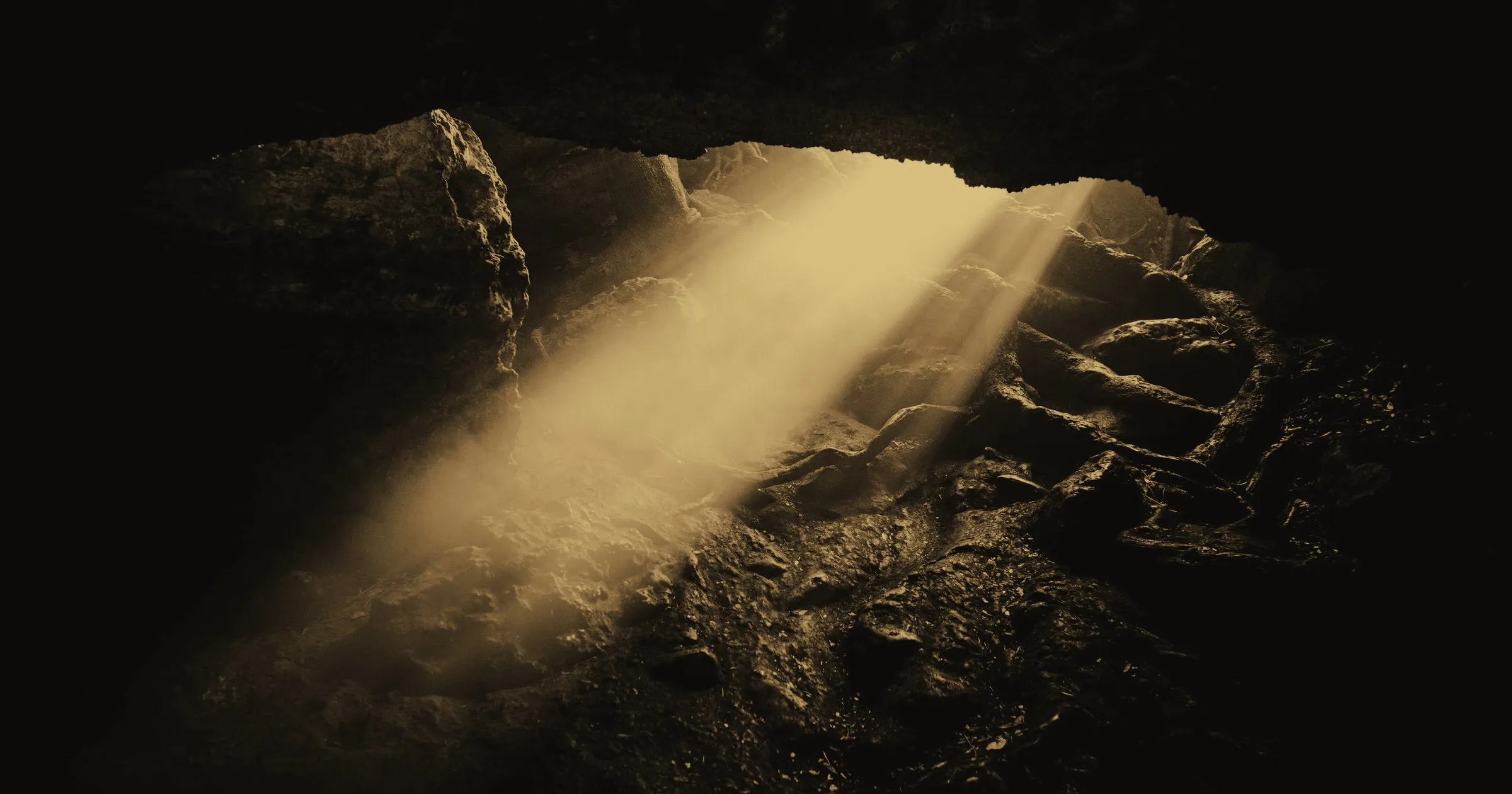 Sunlight falling through the mouth of a dark cave