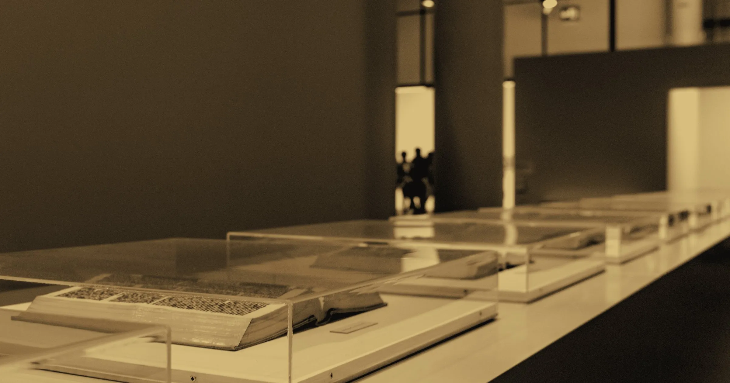A museum gallery of open books displayed in glass cases