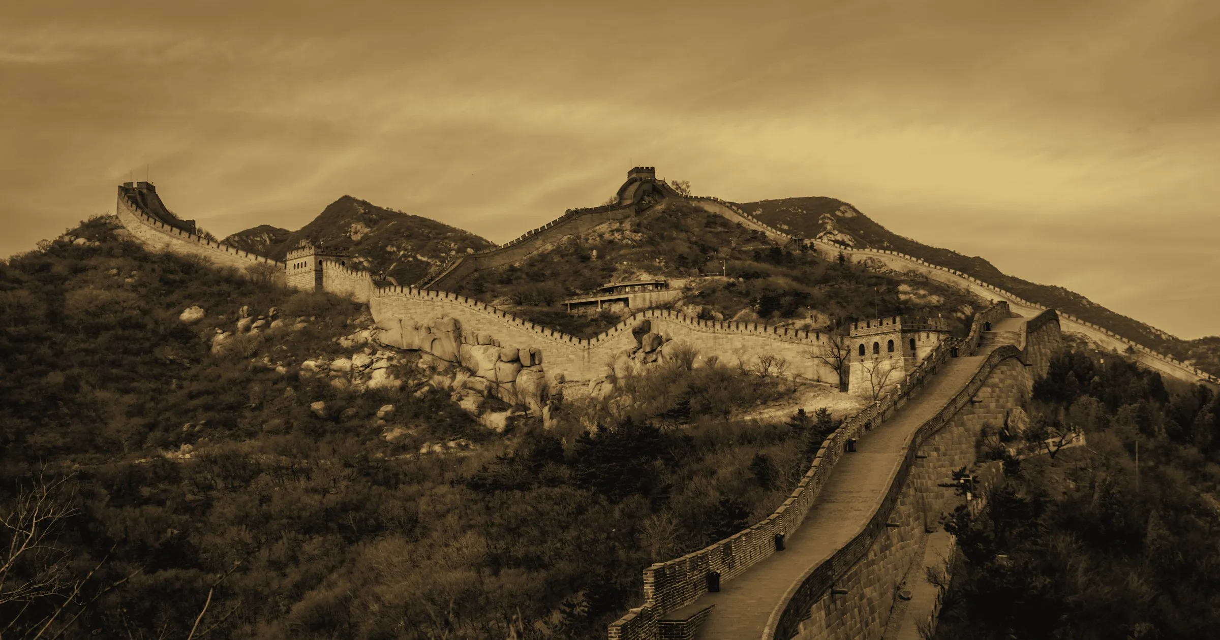 The Great Wall of China winding across mountains