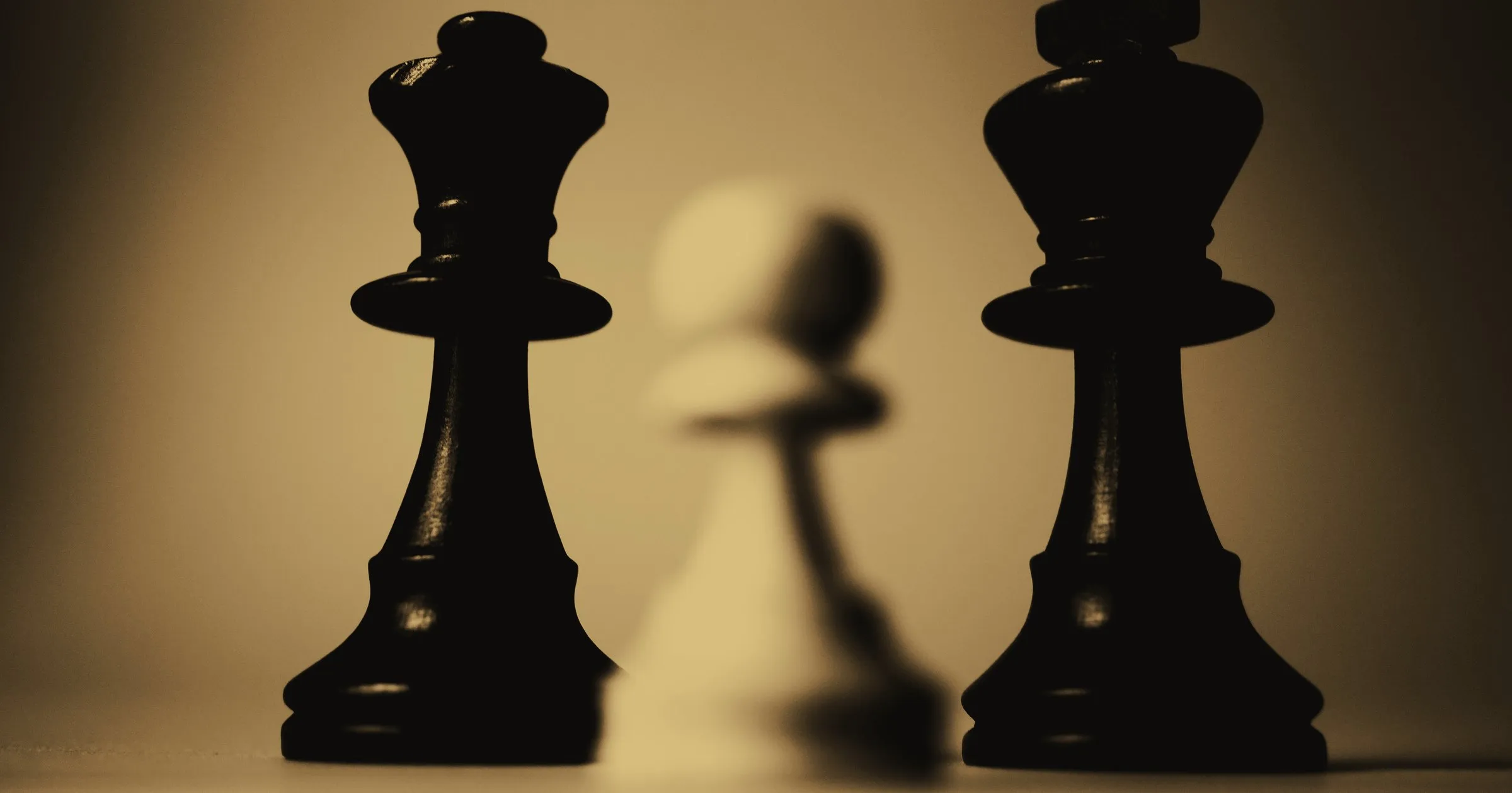 Two black chess pieces facing each other in low light